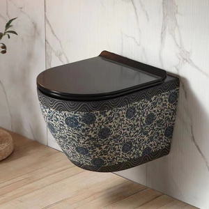 BTO Rimless Modern Bathroom Round Wall Hung Toilet with flower pattern New Design One Piece Wallhung Toilet