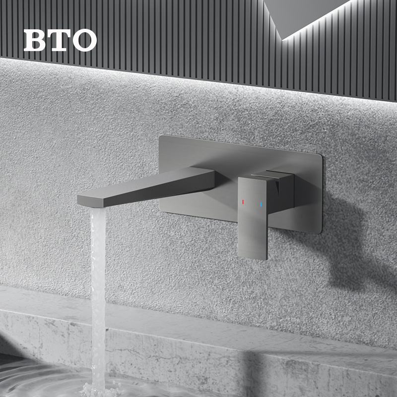 BTO Hot sale gun gray Bathroom wall installation brass waterfall water tap Single Handle faucet In Wall Faucet Taps