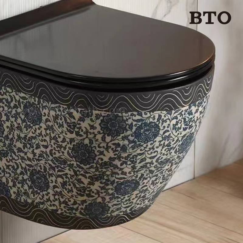 BTO Rimless Modern Bathroom Round Wall Hung Toilet with flower pattern New Design One Piece Wallhung Toilet