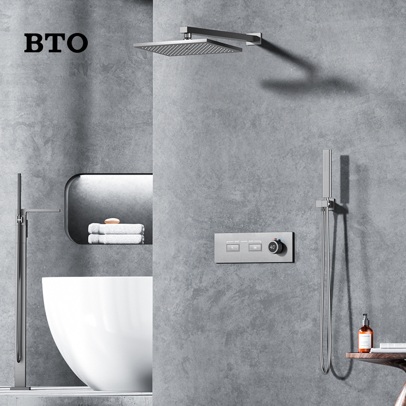 BTO Luxury copper Rain Grey bathroom sets shower Filtered Rainfall High Pressure Hidden Full Square concealed Shower Faucet