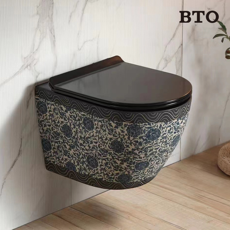 BTO Rimless Modern Bathroom Round Wall Hung Toilet with flower pattern New Design One Piece Wallhung Toilet