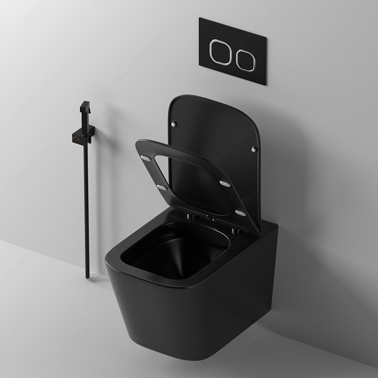 BTO wallhung toilet Concealed Tank matte black color luxury p-trap toilet wc Square Ceramic Wall Hung For Home Villa