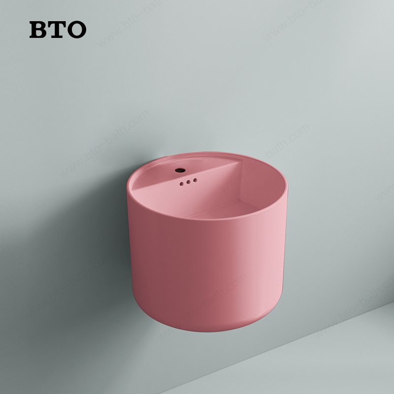 BTO European Colorful Sanitary Ware Sets Wall Hung Mounting sink wallhung Ceramic basin Pink Color basin Bowl