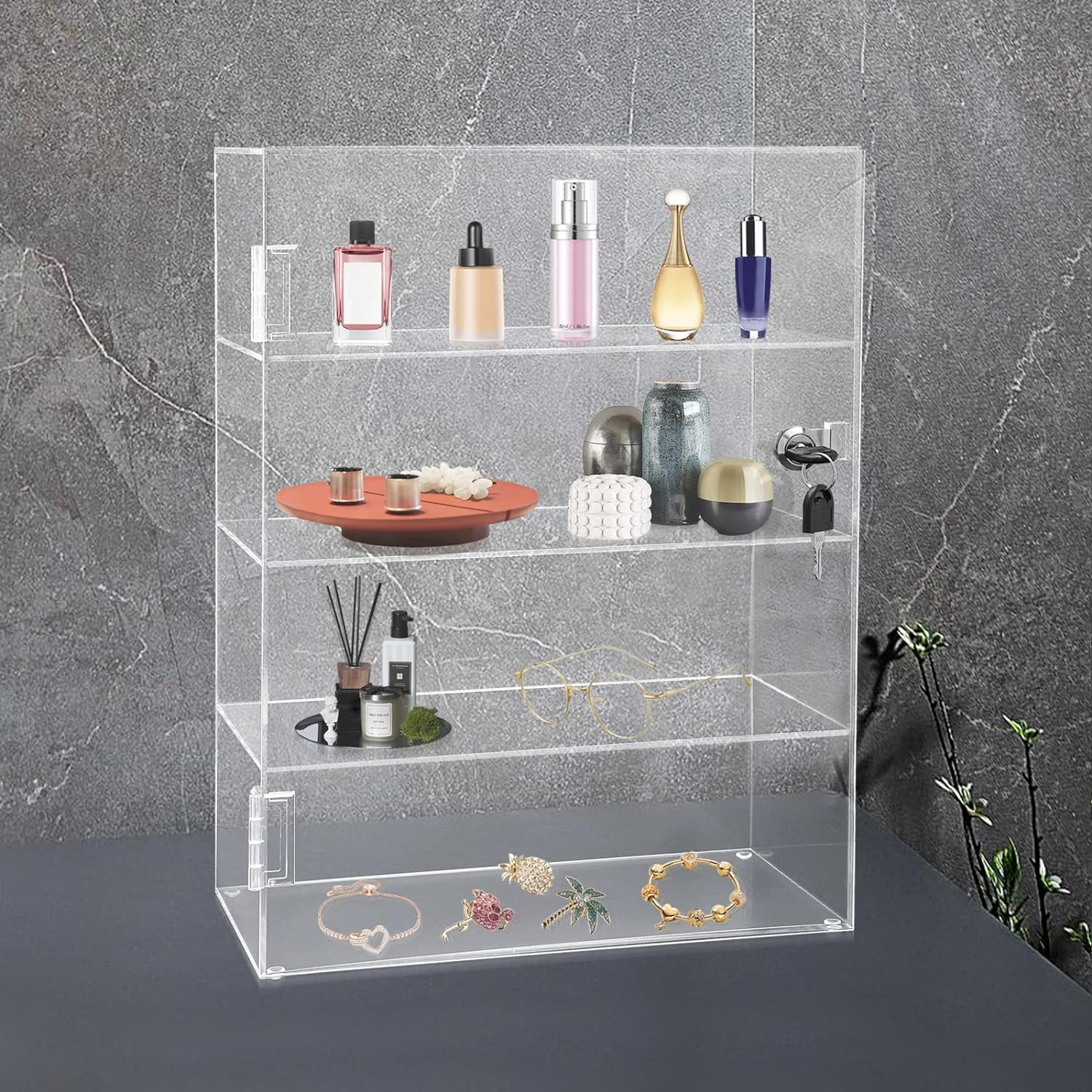 4 Tier Acrylic Counter Top Display Case with Lock & Key, 11.8x5.9x15.7in Clear Acrylic Display Box, Acrylic Countertop cabinet