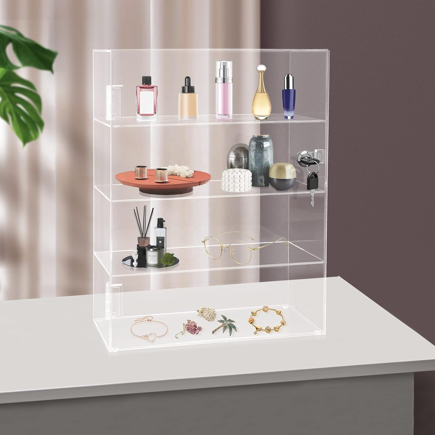 4 Tier Acrylic Counter Top Display Case with Lock & Key, 11.8x5.9x15.7in Clear Acrylic Display Box, Acrylic Countertop cabinet