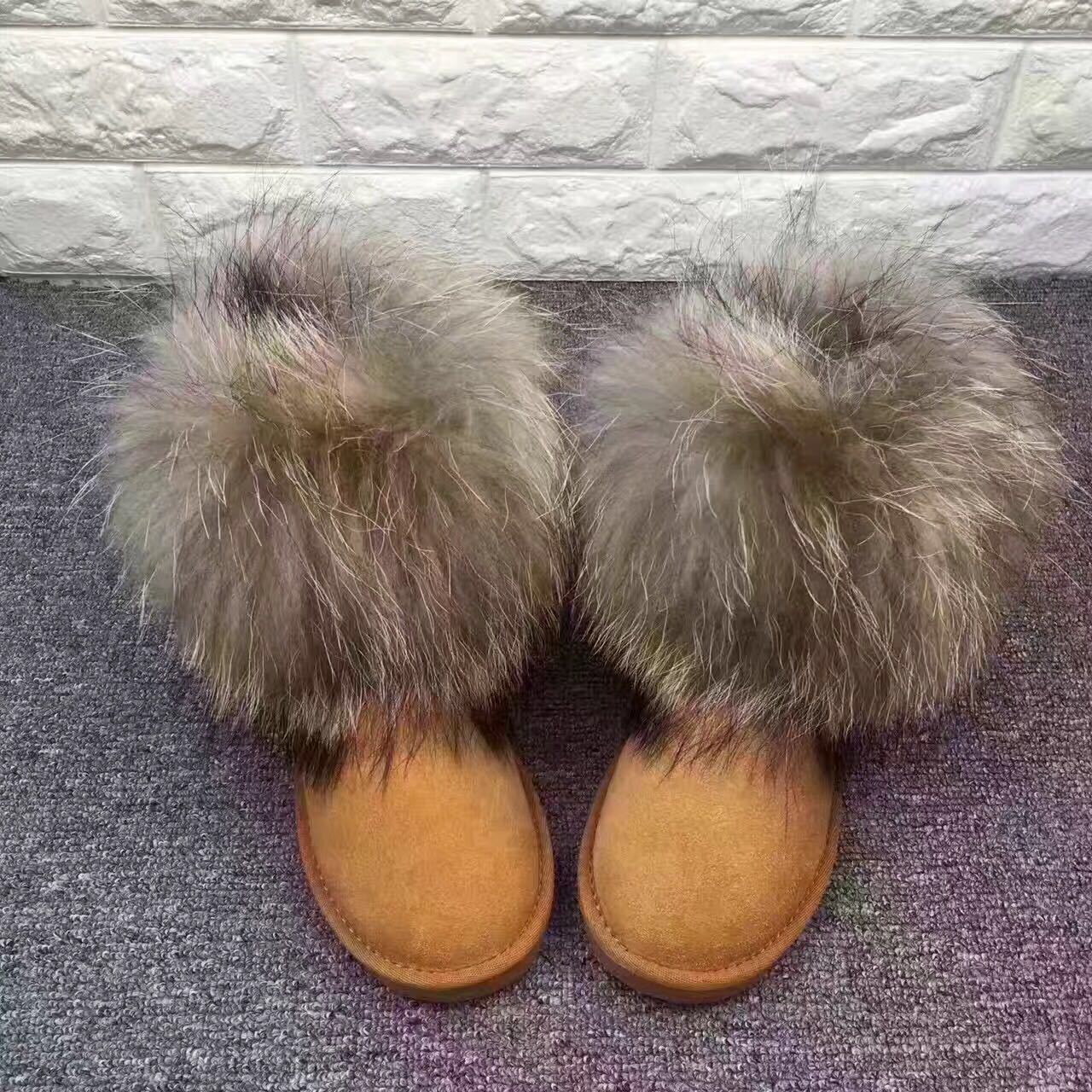 Fashion winter women boots ladies fur snow boots round toe raccoon fur cow leather warm anti-slip fur boots