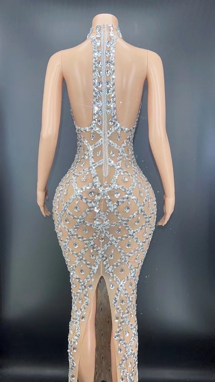 Crystal Rhinestone Dress Prom Fishnet Mesh Sexy Handmade Luxury Long Evening Dresses Gold White Rhinestones Dresses