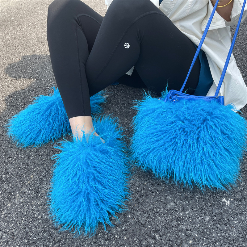 New designer flat fluffy fuzzy shoes bags women faux fur slides wholesale fluffy mongolian fur slippers with bag sets