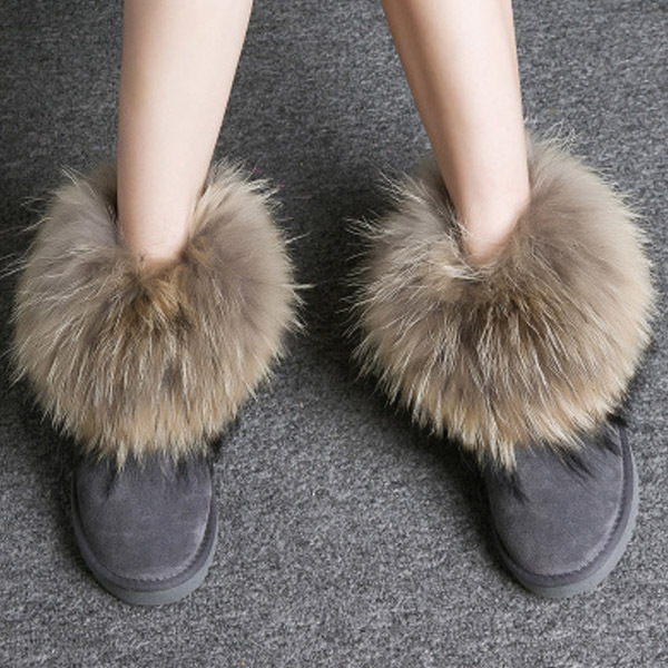 Fashion winter women boots ladies fur snow boots round toe raccoon fur cow leather warm anti-slip fur boots