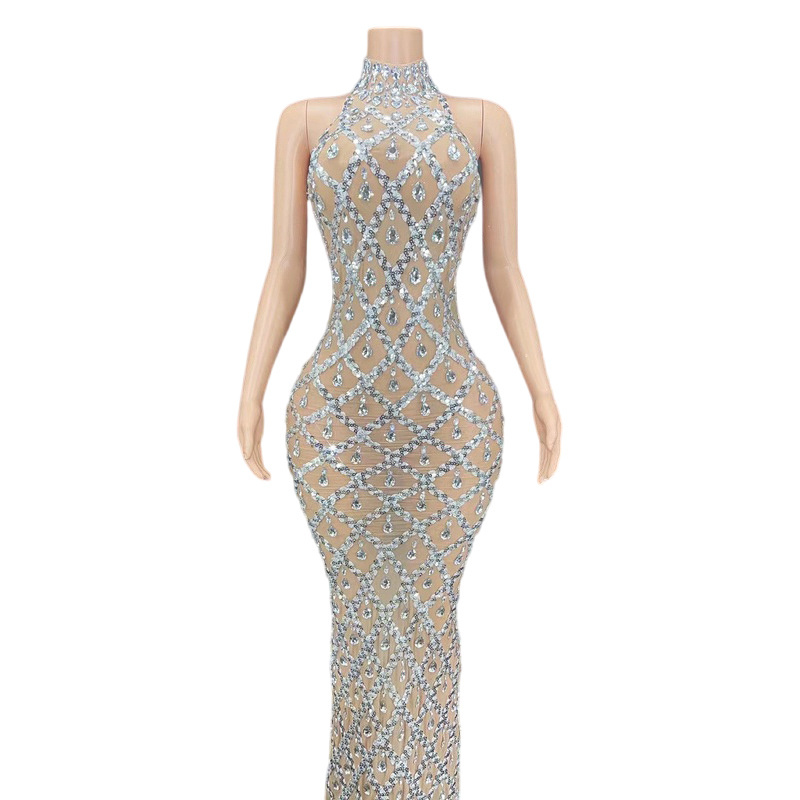 Crystal Rhinestone Dress Prom Fishnet Mesh Sexy Handmade Luxury Long Evening Dresses Gold White Rhinestones Dresses