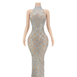 Crystal Rhinestone Dress Prom Fishnet Mesh Sexy Handmade Luxury Long Evening Dresses Gold White Rhinestones Dresses