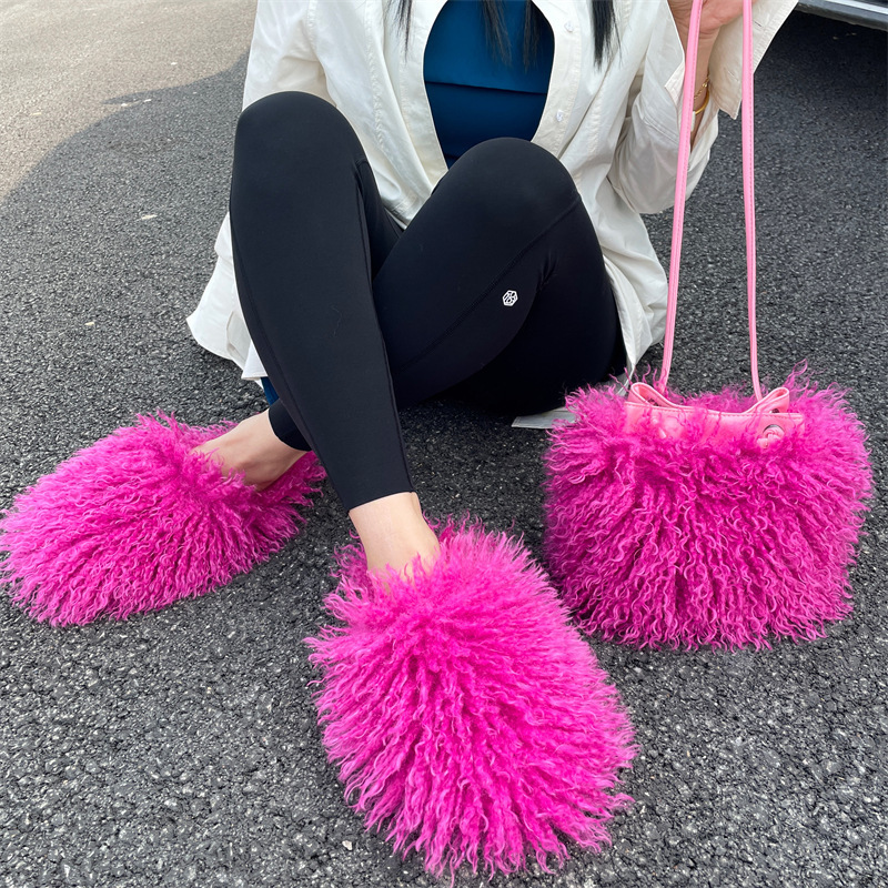 New designer flat fluffy fuzzy shoes bags women faux fur slides wholesale fluffy mongolian fur slippers with bag sets