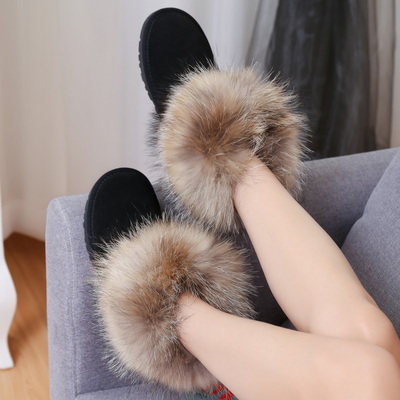 Wholesale fashion winter women boots ladies fur snow boots round toe raccoon fur cow leather warm anti-slip fur boots