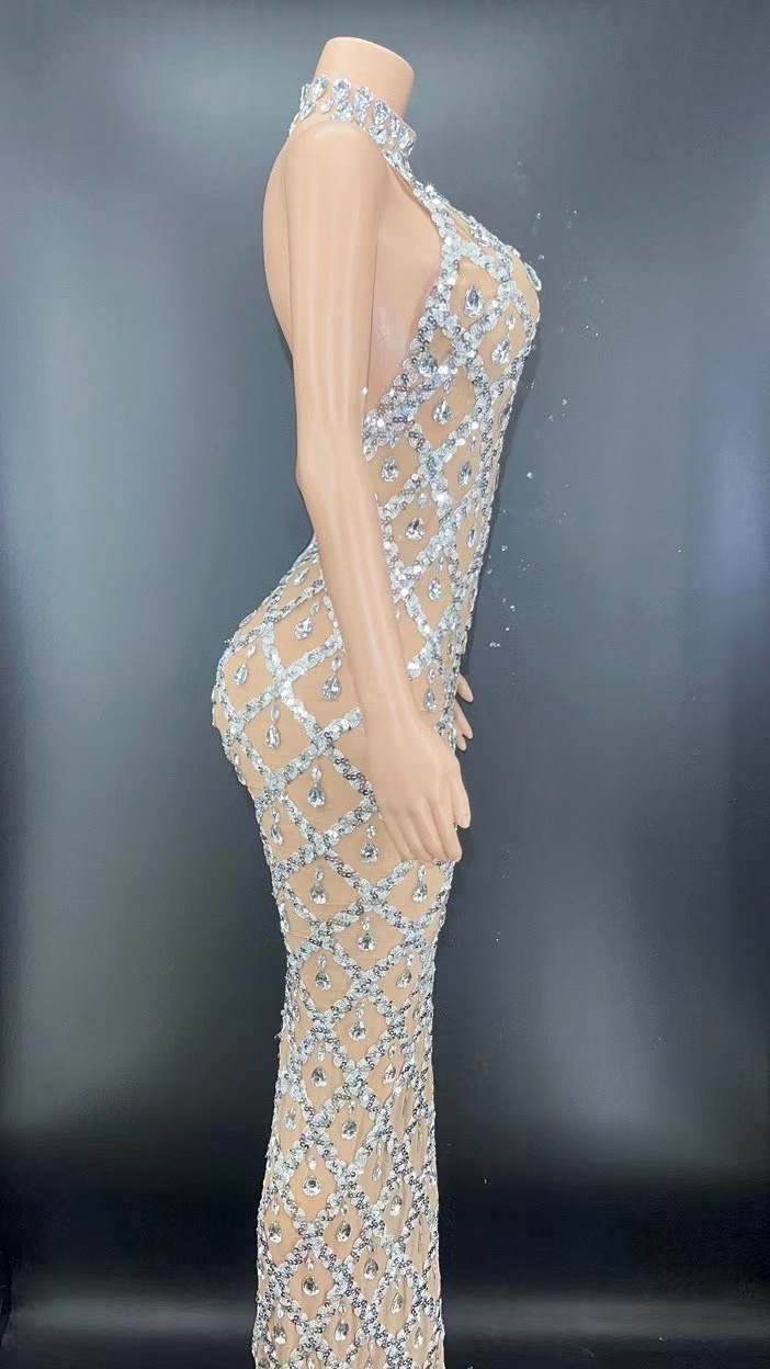 Crystal Rhinestone Dress Prom Fishnet Mesh Sexy Handmade Luxury Long Evening Dresses Gold White Rhinestones Dresses