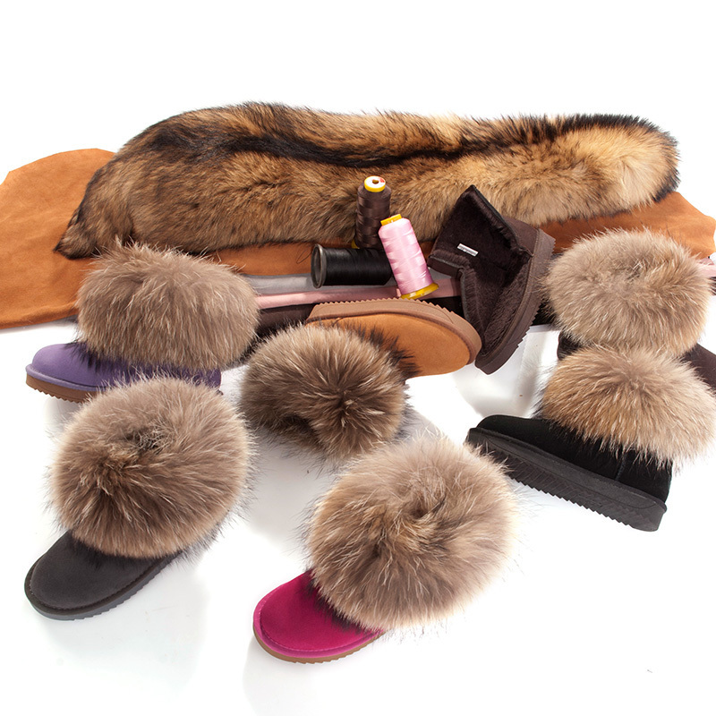 Fashion winter women boots ladies fur snow boots round toe raccoon fur cow leather warm anti-slip fur boots