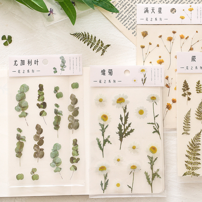 Natural Daisy Clover Japanese Words Stickers Transparent PET Material Flowers Leaves Plants Deco Stickers