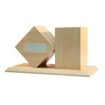 Multi-function Table Desk Wooden Pen Holder with Digital LED Alarm Clock