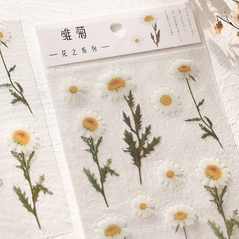 Natural Daisy Clover Japanese Words Stickers Transparent PET Material Flowers Leaves Plants Deco Stickers