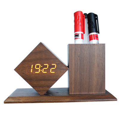 Multi-function Table Desk Wooden Pen Holder with Digital LED Alarm Clock