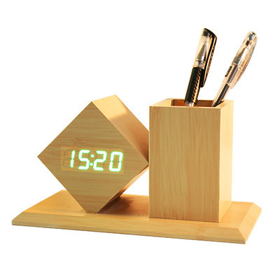 Multi-function Table Desk Wooden Pen Holder with Digital LED Alarm Clock