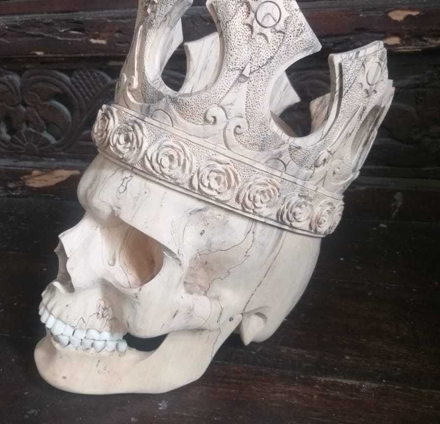 Antique collection wood carving skulls with bone carved of squid on top 100% hand carved collection LIMITED edition