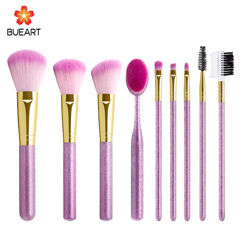 BUEYA 9 pcs Fine flash purple color cosmetic brush with purple bag Eye Liner Shader Synthetic Fiber Hair Eye Brush Set