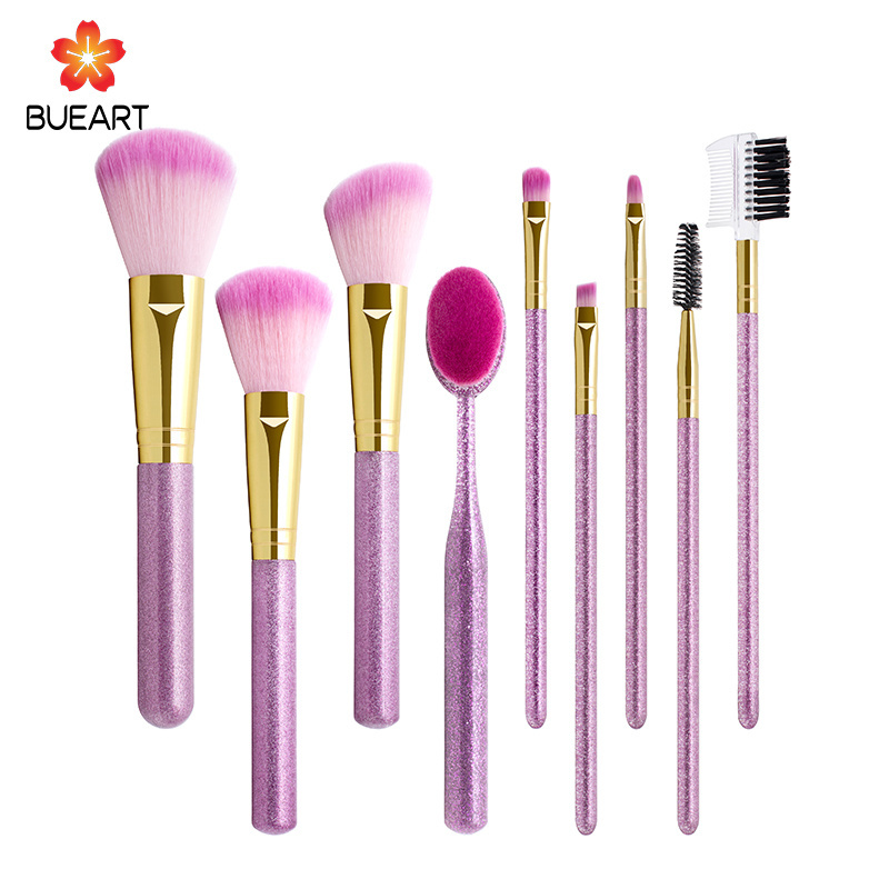 BUEYA 9 pcs Fine flash purple color cosmetic brush with purple bag Eye Liner Shader Synthetic Fiber Hair Eye Brush Set