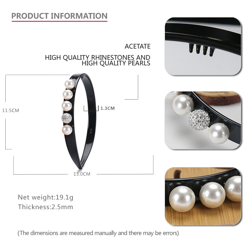 Buena Jewelry Boutique Hair Accessories Fashion Pearl Crystal Women Headband Anti Slip Teeth Acetate Headband