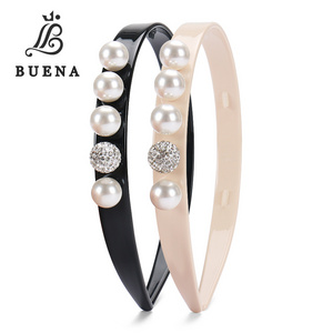 Buena Jewelry Boutique Hair Accessories Fashion Pearl Crystal Women Headband Anti Slip Teeth Acetate Headband