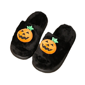 Halloween Gift Kawaii Winter Indoor Cartoon Pumpkin Anti Slip Cotton Peep Toe Plush Slippers