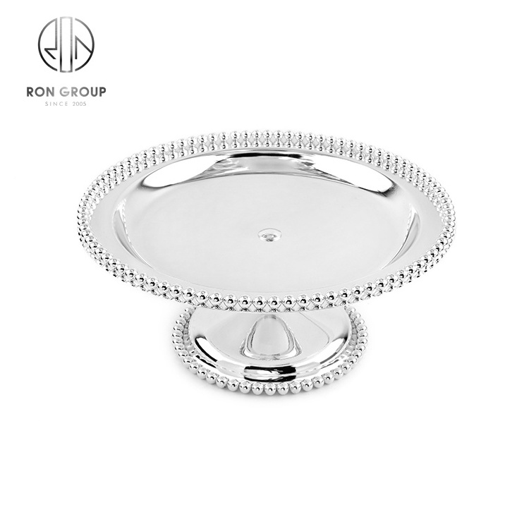 wholesale hotel restaurant snack display stands party decoration round plate buffet beaded stainless steel silver cake stand