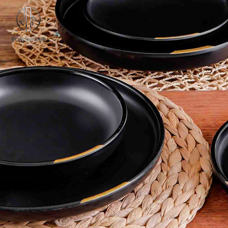 Wholesale custom plastic melamine dishes dinnerware sets golden design tableware black dinner restaurant sushi charger plates