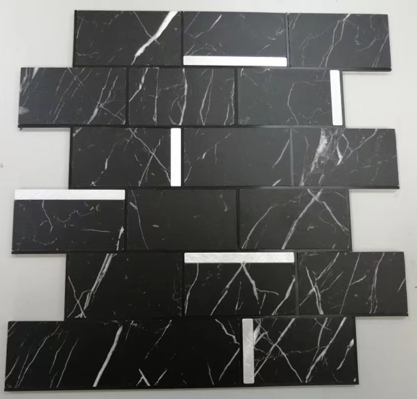 Bufu Marble Design Black and Sliver Peel and Stick Brick Aluminum Backsplash