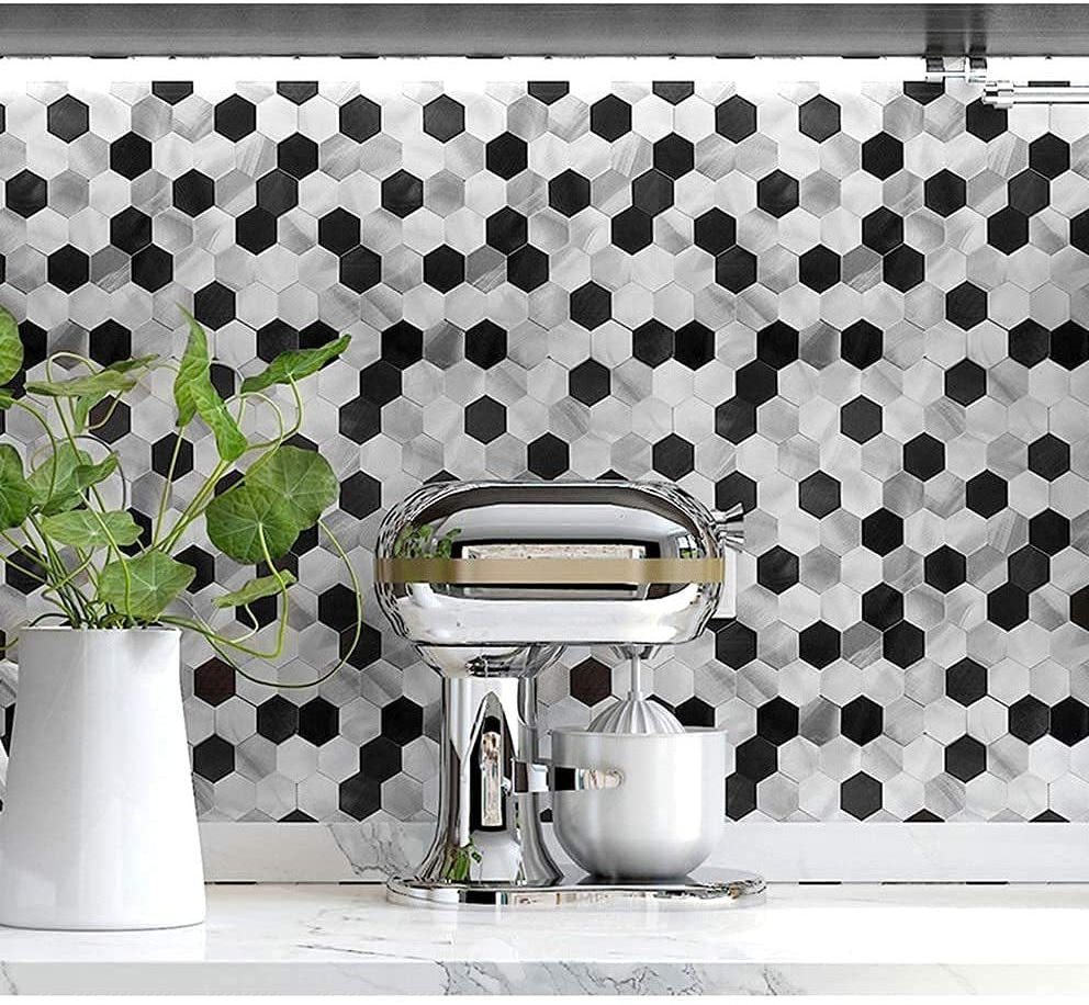 Bufu Durable Black and white Hexagon Faux Marble Brushed Aluminum Peel and Stick Mosaic Tiles for Wall and Floor