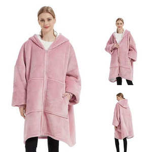 Irini Custom Solid Giant Pocket Women Men Hooded Sherpa Wearable Blanket Sweatshirt  Oversized Hoodie Blanket for Adults