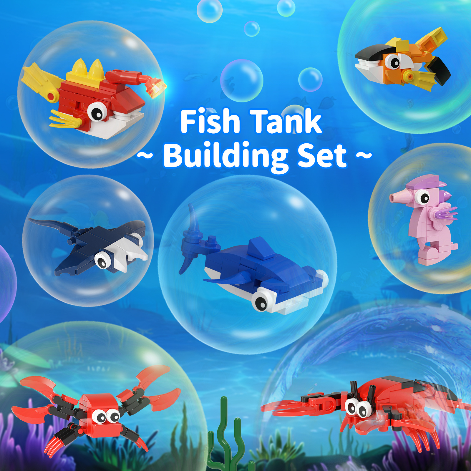 Mesiondy Fish Tank Building Block Set with Light Aquarium Marine Jellyfish Building Block Toy for Kids 6 Home Decor