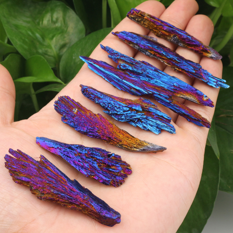 wholesale Natural Black Tourmaline Electroplated Aura Flam Rainbow Color Raw Crystal Stone Feather Cluster