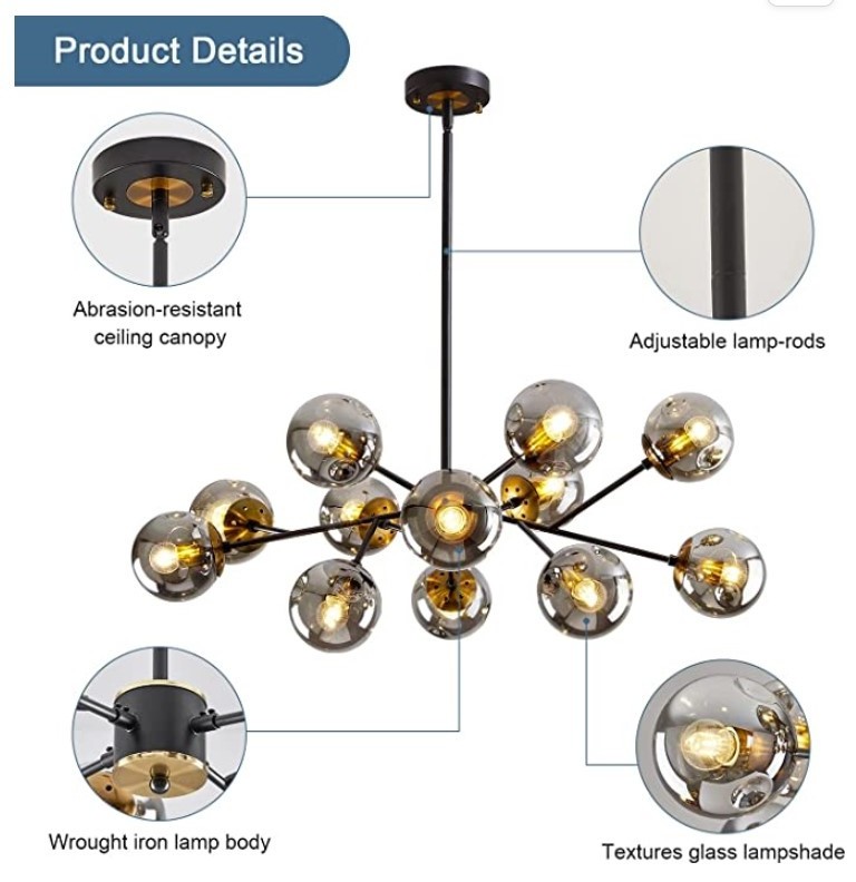 12 Lights Modern Pendant Lighting with Globe Glass Shade Black Pendant Ceiling Lighting Fixtures for Farmhouse Dining Room