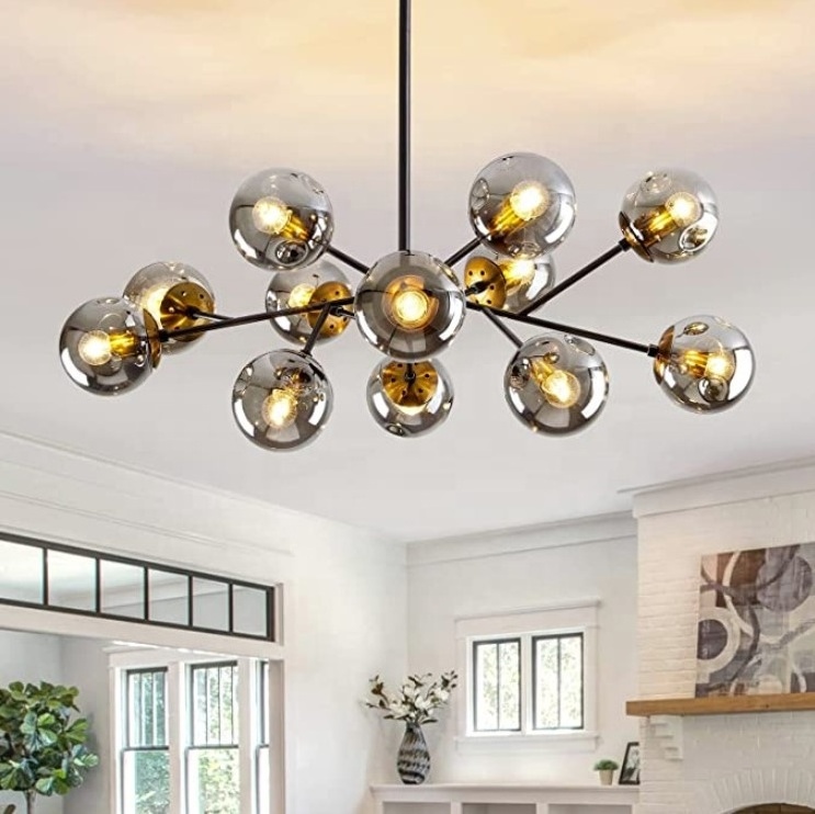 12 Lights Modern Pendant Lighting with Globe Glass Shade Black Pendant Ceiling Lighting Fixtures for Farmhouse Dining Room