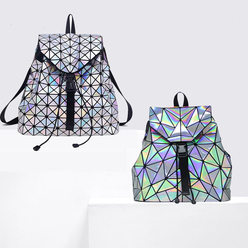 High Quality Geometric Hologram light Reflective Backpacks PU leather Luminous Fashion Backpack for men for women