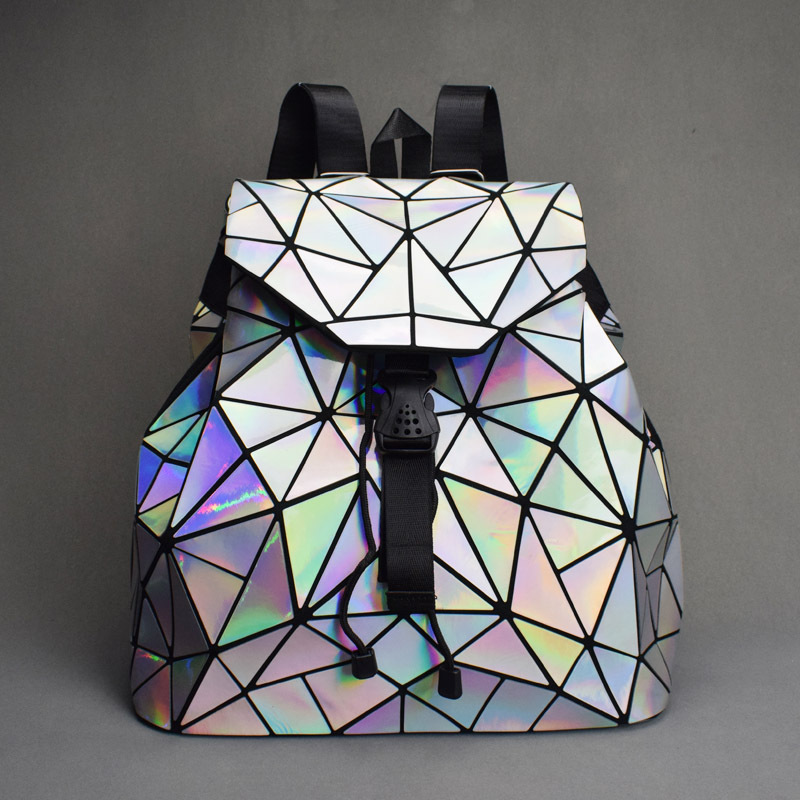 High Quality Geometric Hologram light Reflective Backpacks PU leather Luminous Fashion Backpack for men for women