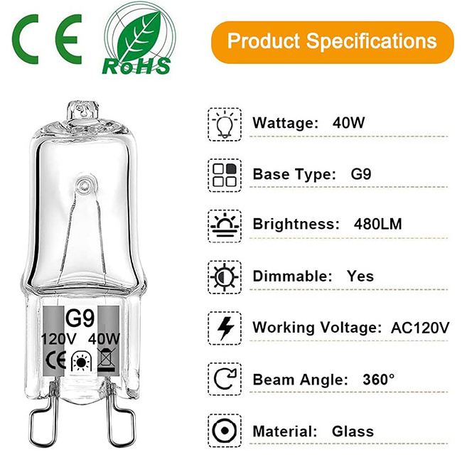 G9 Halogen Bulb 40 Watt 120 Volt T4 JCD Type Bi-Pin Base Warm White Miniature Crystal Bulb for Chandeliers, Pendants, Cabinet Li