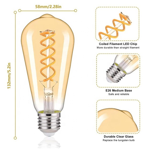 E26 Base ST58 Vintage Edison LED Light Bulb 6W 120V Warm White Amber Glass Spiral LED Filament Bulb for Bathroom Kitchen