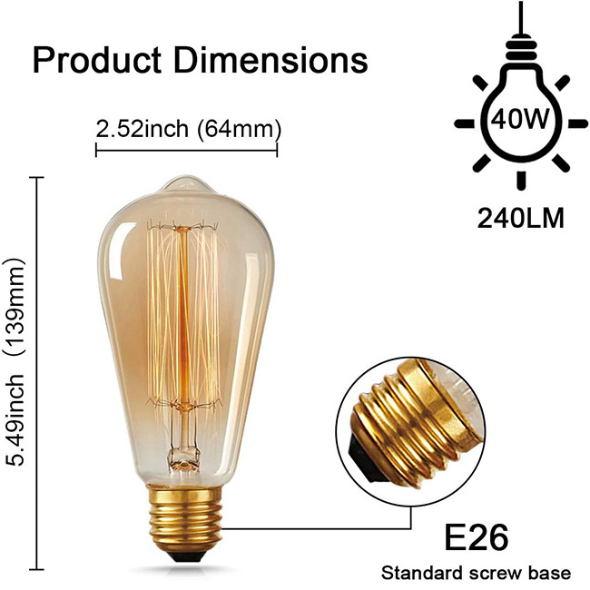 E26 ST64 Led Edison Vintage Light Bulbs 110-130V 240LM 40W 2700K Warm White Amber Glass Dimmable Bulbs