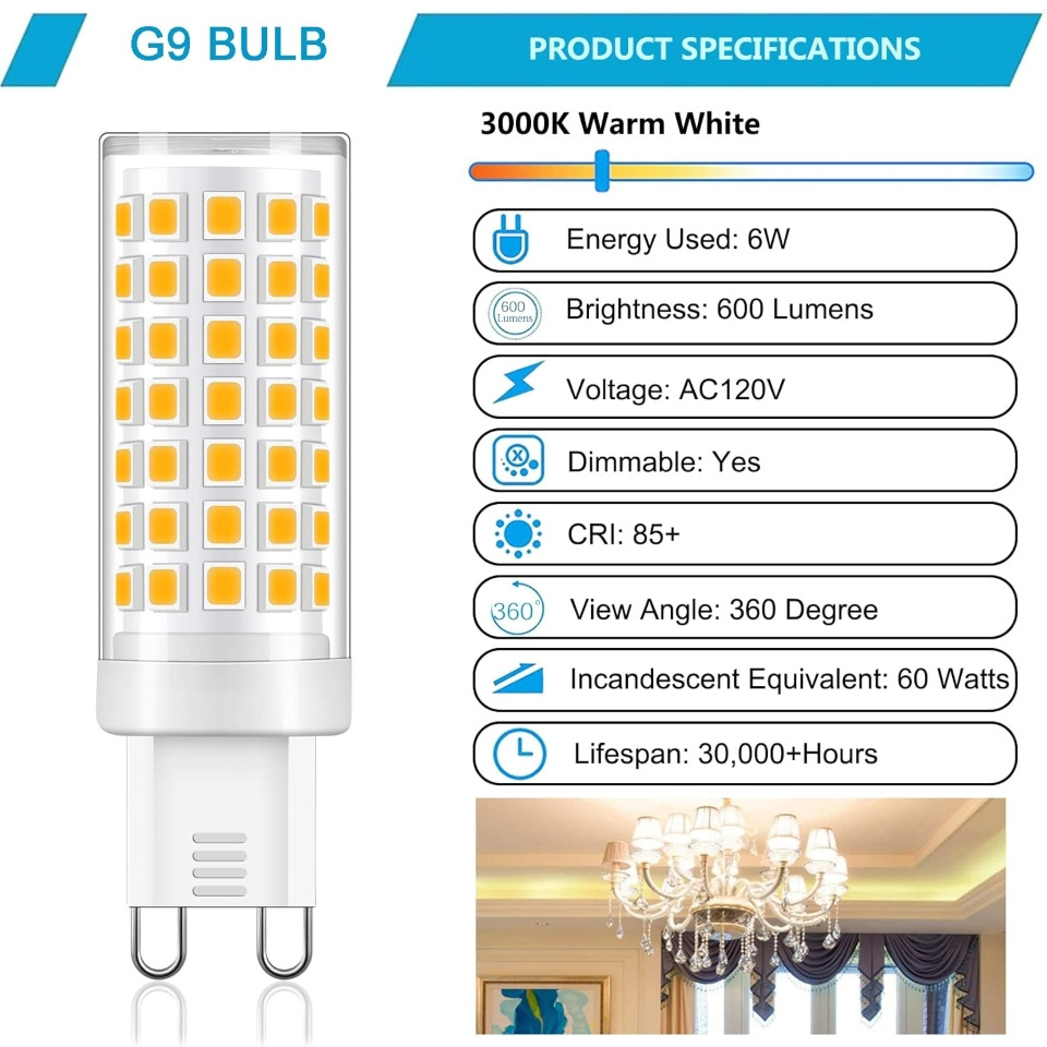 G9 LED Bulb Dimmable 120V 230V 6W LED Lamp 2835 88pcs LED Corn Light Replacement Bulb G9 Bi-Pin Base Light Bulbs