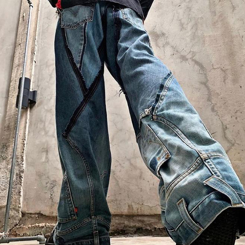 DiZNEW High Quality Stylish Designers Custom Men's Ripped Destroyed Denim Patchwork loose flared Jeans