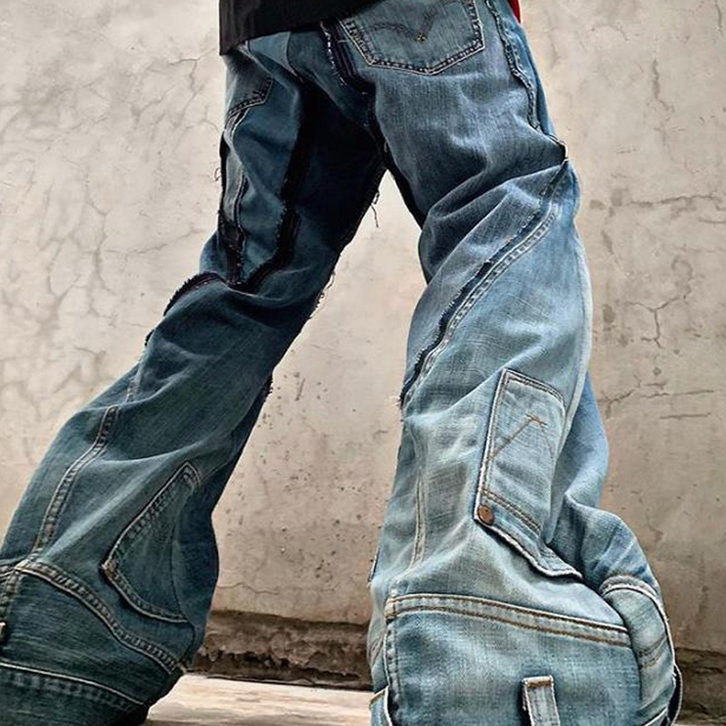 DiZNEW High Quality Stylish Designers Custom Men's Ripped Destroyed Denim Patchwork loose flared Jeans