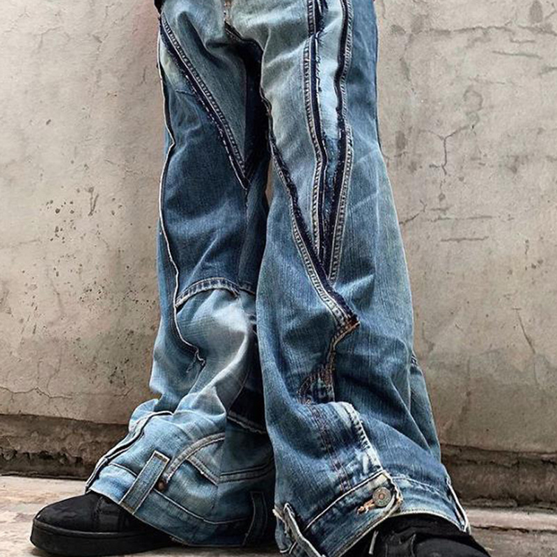 DiZNEW High Quality Stylish Designers Custom Men's Ripped Destroyed Denim Patchwork loose flared Jeans