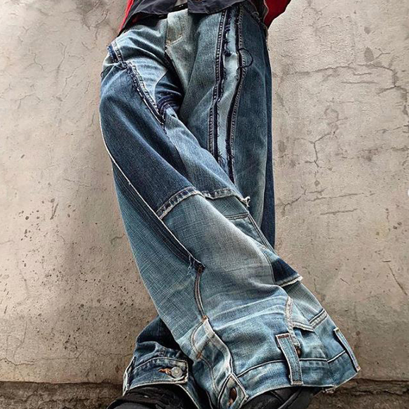 DiZNEW High Quality Stylish Designers Custom Men's Ripped Destroyed Denim Patchwork loose flared Jeans