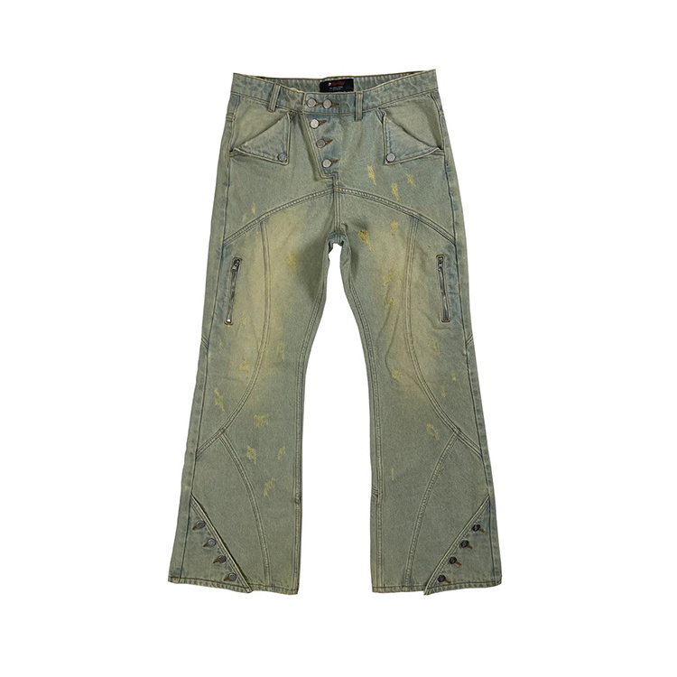 DiZNEW Vintage Stacked Pants 100% Cotton Wholesale Men Side Button Jeans Flared Denim Jeans